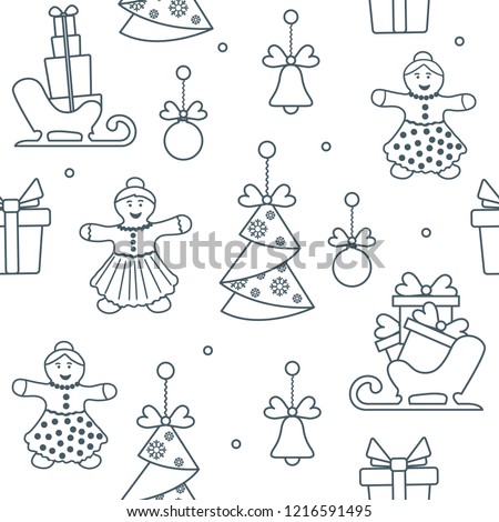 Seamless pattern with christmas and new year symbols. Christmas trees origami, gingerbread man, bells, balls, sledges, gifts.