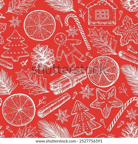 Seamless pattern with Christmas and New year elements, cookies, candies, pine branches and spices. Hand-drawn illustration in vintage old style.