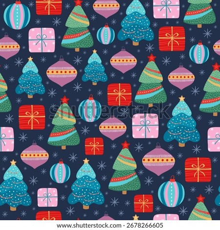 Seamless pattern with Christmas and New Year. Winter holiday hand drawn background with gift wrapping, elegant Christmas tree, gift box and decorative ball. Vector.