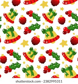 Seamless pattern for Christmas and New Year's events. Illustrations of mistletoe, bell, Christmas tree toy cone on a white background with stars. Use as packaging, printing on textiles. Children's