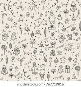 seamless pattern of Christmas and New Year's graphic elements.  Line art, silhouette hand drawn art. Vector illustration.