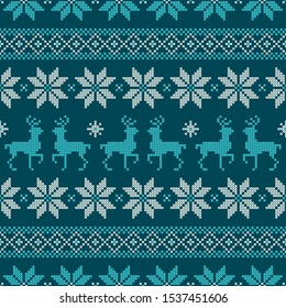 Seamless Pattern Christmas Norwegian Style Embroidery Dark Blue Turquoise White