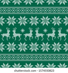 Seamless Pattern Christmas Norwegian Style Embroidery Green And White