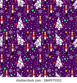 Seamless pattern of Christmas Nutcrackers on a snowy background with snowflakes and, with interesting Christmas trees, Christmas toys.Elegant, festive, Christmas!Background for printing brochure, post
