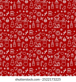 Seamless pattern with christmas objects isolated on a red background. White stroke, outline hand drawn style. Festive background for paper, cover, textile, dishes, interior decor.
