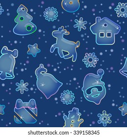 Seamless pattern for Christmas on blue background / Pattern from Christmas symbols and snowflakes like icy figures
