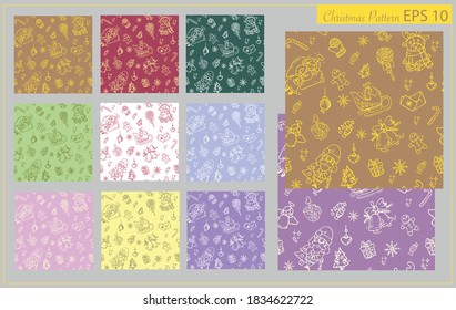 Seamless pattern for Christmas on color  background with gold Christmas elements. Beautiful pattern for  gift wrapping paper, t-shirts, greeting cards 2021, Christmas 2021