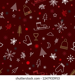 Seamless pattern for Christmas on a dark maroon background with icon elements Christmas. Beautiful design pattern for fashion,card,wallpaper and all prints 