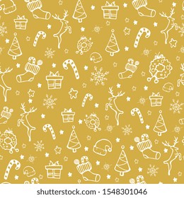 Seamless pattern for Christmas on a gold background with white elements Christmas. Beautiful pattern for a luxurious gift wrapping paper, t-shirts, greeting cards. Happy new Year.Isolated vector.
