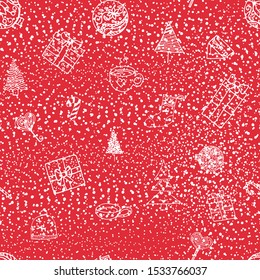 Seamless pattern for Christmas on a red background. Doodle snow and christmas symbols icon thin line in cartoon scandinavian style. For gift wrap and package or stationery. 