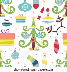 Seamless pattern for Christmas on white background with elements Christmas. Cute pattern for gift wrapping paper, t-shirts, greeting cards. Vector illustration. Scandinavian style.