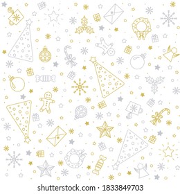 Patrón sin foco para Navidad con fondo blanco con elementos dorados Navidad. Patrón hermoso para un papel de regalo de lujo, camisetas, tarjetas de felicitación