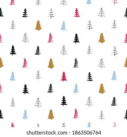 Seamless pattern for Christmas on a white background with tiny colorful Christmas trees