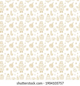 Patrón sin foco para la Navidad sobre un fondo blanco con elementos dorados. Patrón hermoso para un papel de regalo de lujo, camisetas, tarjetas de felicitación