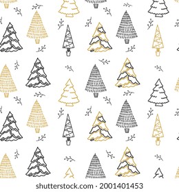  Seamless pattern for Christmas on a white background with gold elements. Beautiful pattern for gift wrapping papers, greeting cards, decoration.