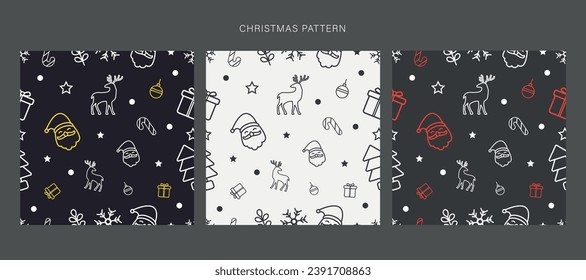Patrón sin foco para Navidad sobre fondo blanco y oscuro con elementos navideños. Ilustración del vector