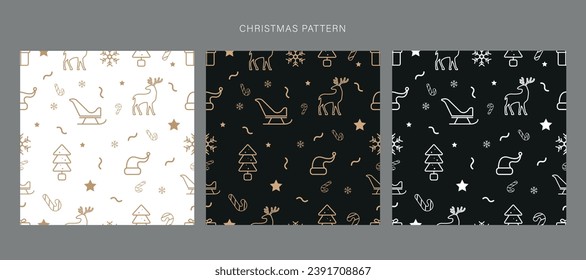 Patrón sin foco para Navidad sobre fondo blanco y oscuro con elementos navideños. Ilustración del vector