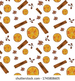 
Seamless pattern for christmas orange clove anise cinnamon on a white background vector illustration