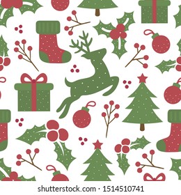 Seamless Pattern with Christmas Ornament with Reindeer Animal, Vector illustration for Happy New Year and Merry Christmas Background Wallpaper