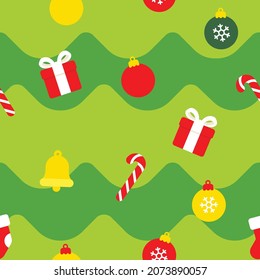 Seamless pattern of Christmas ornaments and objects on Christmas tree background.
