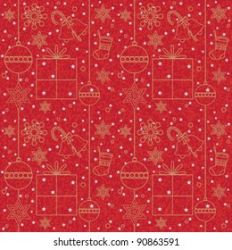 Seamless pattern with Christmas ornaments on red background