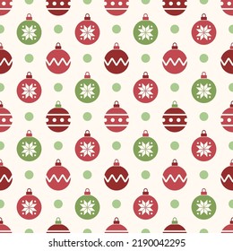Patrón sin problemas con adornos navideños. Ornamentos rojos y verdes sobre fondo blanco.