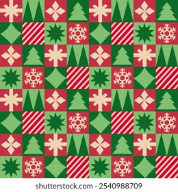Adornos de Navidades de patrón sin costuras, rojo y verde. Diseño para el Fondo de pantalla, recuerdo, tela, papel de embalaje, regalo de papel. Vector. 