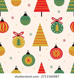 Seamless Pattern with Christmas Ornaments and Trees 