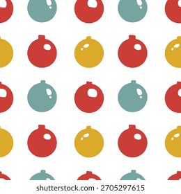 Patrón sin fisuras de adornos de Navidades en varios colores y tamaños sobre un fondo blanco.