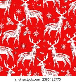 Seamless pattern with Christmas ornate deers and snowflakes. White holiday elements on a red background. Vector illustration. Winter background. For greeting cards, print, design, fabric