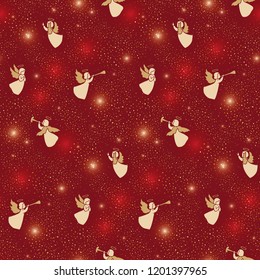 Seamless pattern for Christmas packaging, textiles, wallpaper vector illustration. Golden cute small isolated angels on a dark red background. Shining pattern with flares, Glowing blurs and spots.