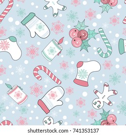 Seamless pattern for Christmas packaging, textiles,  holiday symbols illustration.