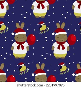 Patrón sin foco. Fiesta de Navidad para amigos. Pájaro y conejo kawaii.