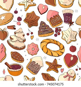 Seamless pattern with christmas pastry. Endless texture for festive design, restaurant and cafe menu, decoration. 