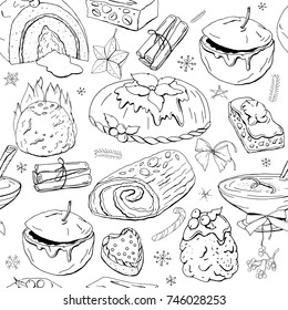 Seamless pattern with christmas pastry. Endless texture for festive design, restaurant and cafe menu, decoration. Black and white.