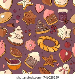 Seamless pattern with christmas pastry. Endless texture for festive design, restaurant and cafe menu, decoration. Dark background.