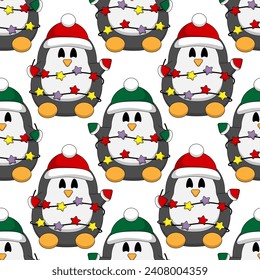 Seamless pattern with Christmas Penguin and garland