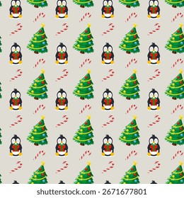 Seamless pattern Christmas penguins with gift, candy cans and Christmas tree on light beige background vector illustration. Print, perfect for branding, packaging, and Christmas products