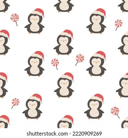 Patrón inexorable de pingüinos de Navidad en sombrero y dulces de santa claus.Concepto de Navidad y Año Nuevo para envolver papel,textil
