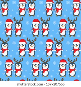 Seamless pattern Christmas Penquin wrapping paper on blue background vector illustration
