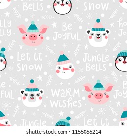 Seamless pattern with christmas phrase and cute animals.