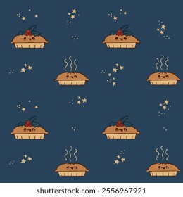 Seamless pattern of Christmas pies on navy background with golden elements. Cute characters. Hot  pies and holly.