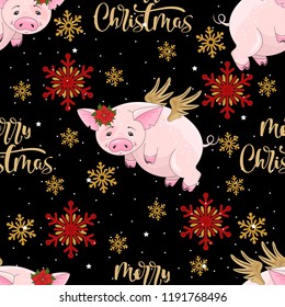 Seamless pattern with Christmas pig on winter background. For printing on fabric, postcards, paper. Vector illustration.
