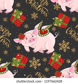 Seamless pattern with Christmas pig on winter background. For printing on fabric, postcards, paper. Vector illustration.
