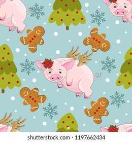 Seamless pattern with Christmas pig on winter background. For printing on fabric, postcards, paper. Vector illustration.