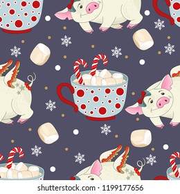 Seamless pattern with Christmas pig on winter background. For printing on fabric, postcards, paper. Vector illustration.