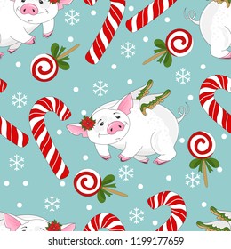 Seamless pattern with Christmas pig on winter background. For printing on fabric, postcards, paper. Vector illustration.