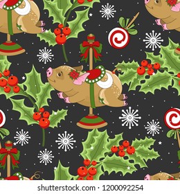 Seamless pattern with Christmas pig on winter background.
 For printing on fabric, postcards, paper. Vector illustration.