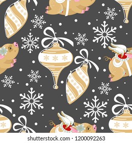 Seamless pattern with Christmas pig on winter background.
 For printing on fabric, postcards, paper. Vector illustration.