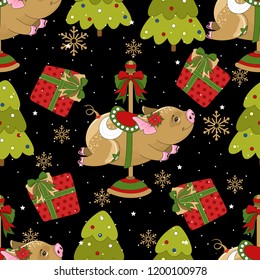 Seamless pattern with Christmas pig on winter background.
 For printing on fabric, postcards, paper. Vector illustration.
